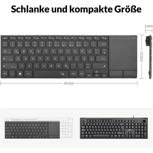 Rii Vezeték Nélküli Billentyűzet Érintőpaddal - 2.4G+Bluetooth Kapcsolat, Német QWERTZ Kiosztás, Ultravékony Dizájn, Kompatibilis Laptop, PC