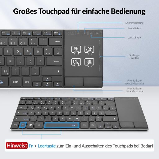 Tastatură wireless Rii cu touchpad - Conectivitate 2.4G+Bluetooth, Layout German QWERTZ, Design ultra-subțire, Compatibilă Laptop, PC