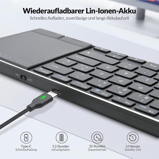 Tastatură wireless Rii cu touchpad - Conectivitate 2.4G+Bluetooth, Layout German QWERTZ, Design ultra-subțire, Compatibilă Laptop, PC
