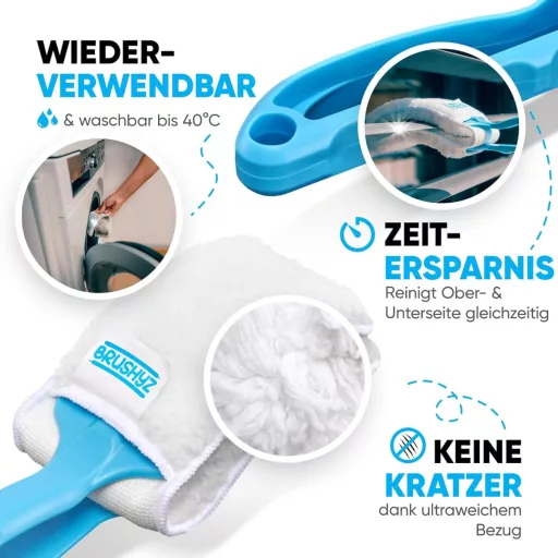BRUSHYZ Četka za čišćenje žaluzina - Za vanjsko-unutarnje čišćenje rimskih roleta - Ergonomski plavi držač, 2 periva jastučića, 180g