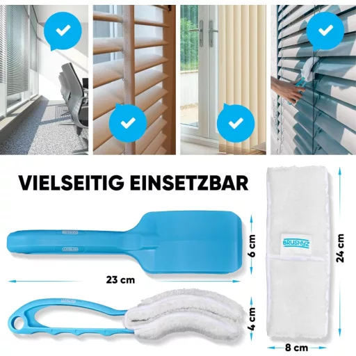 BRUSHYZ Četka za čišćenje žaluzina - Za vanjsko-unutarnje čišćenje rimskih roleta - Ergonomski plavi držač, 2 periva jastučića, 180g