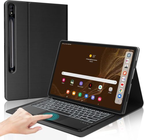 FOGARI Samsung Galaxy Tab S8 Ultra 14.6" Háttérvilágítású Bluetooth Billentyűzet Tok Érintőpaddal - Rózsaszín AZERTY Vezeték Nélküli Védőtok