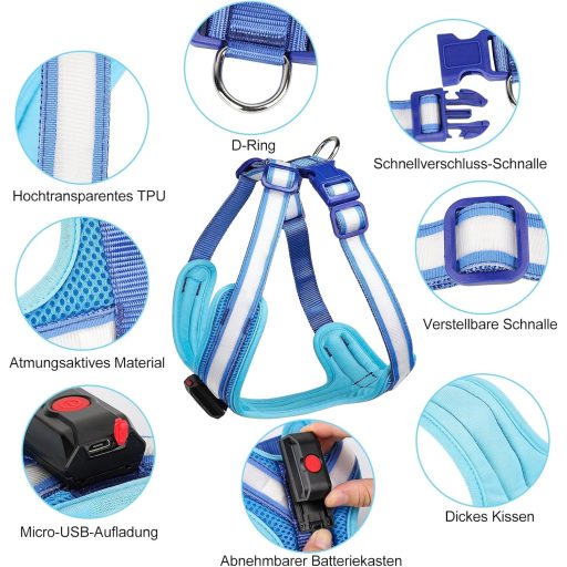 Ham pentru câini KOSKILL LED, reîncărcabilă, reflectorizantă, luminoasă în întuneric, XL, albastră