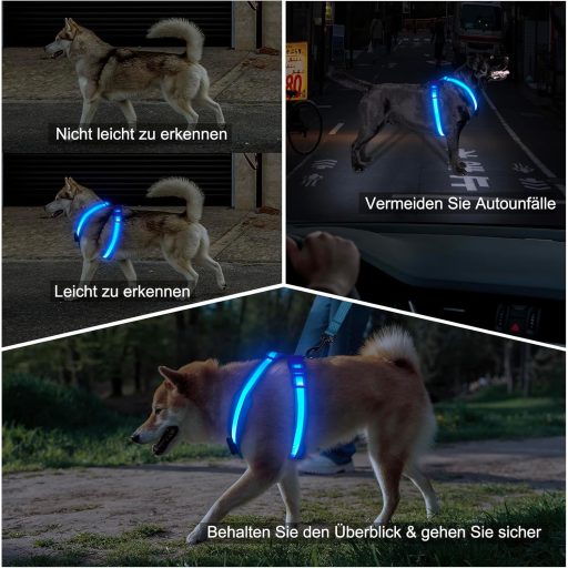 KOSKILL LED Kutya Hám Töltöthető Fényvisszaverő Sötétben Világító XL Kék