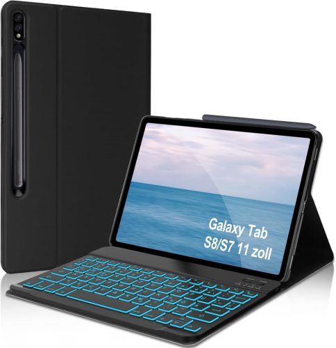 FOGARI Bluetooth Billentyűzet Tok Samsung Galaxy Tab S7/S8 11" Tablethez - Német QWERTZ, Háttérvilágítás, Levehető, Fekete