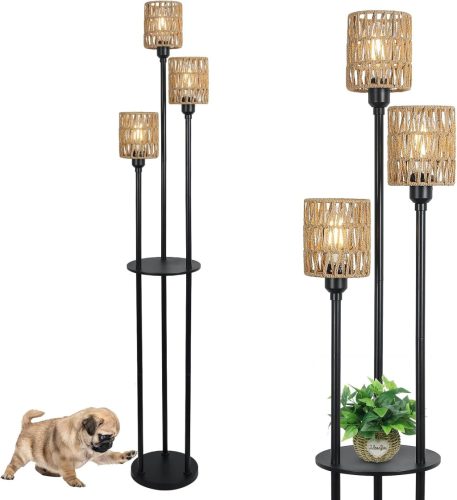 Lampadar cu raft Rayofly Rattan - Boho Vintage, bază metalică neagră, 3 becuri, abajur maro natural, întrerupător de picior, 168 cm, living, dormitor