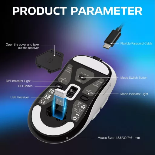 Mouse de Gaming Wireless Super-Ușor VGN GAMEPOWER x Attack Shark X3, 49g, 26000DPI, PixArt PAW3395, Conectivitate Triplă, Baterie 200 Ore, Fe