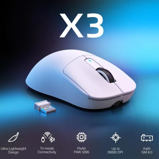 VGN GAMEPOWER x Attack Shark X3 Szuperkönyű Vezeték Nélküli Gamer Egér, 49g, 26000DPI, PixArt PAW3395, Hármas Csatlakozás, 200 Órás Akku, Fe