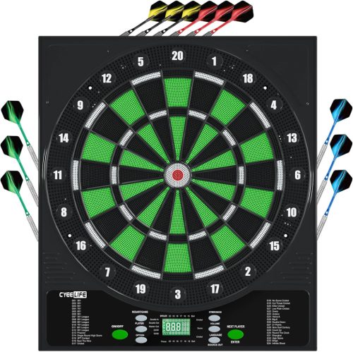 Țintă electronică de darts CyeeLife cu ecran LCD - 34 jocuri, 355 de variații, control vocal în germană - 12 săgeți soft tip, 24 pene, 50 de vârfuri, încărcător USB