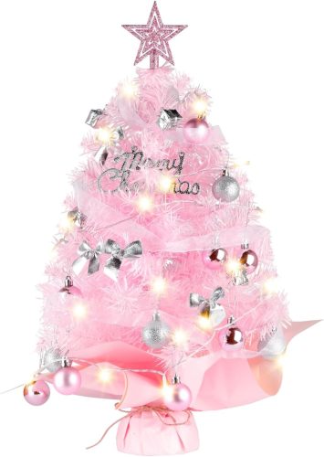 Mini brad de Crăciun roz Siebwin, 60 cm - cu lumini LED, vârf cu stea și decorațiuni - brad artificial pentru birou, oficiu, acasă