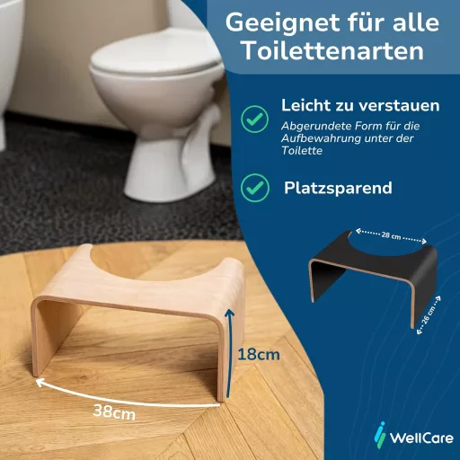Well Care LOG013 Taburet WC din lemn, negru - Suport pentru toaletă pentru adulți, pentru poziția ghemuit