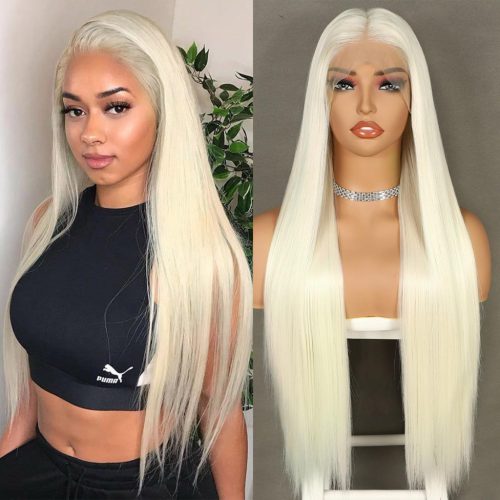 Sapphirewigs 26 hüvelykes, hőálló, fehér-szőke, egyenes, szintetikus csipke paróka nőknek