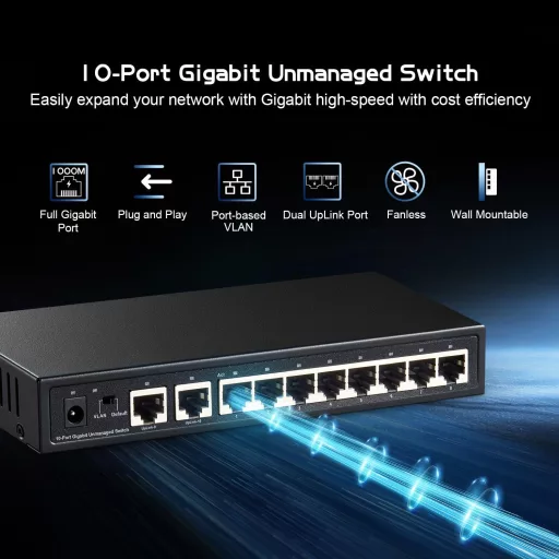Binardat 10 portos Gigabit Ethernet switch, 8x100/1000Mbps + 2 uplink, fém ház