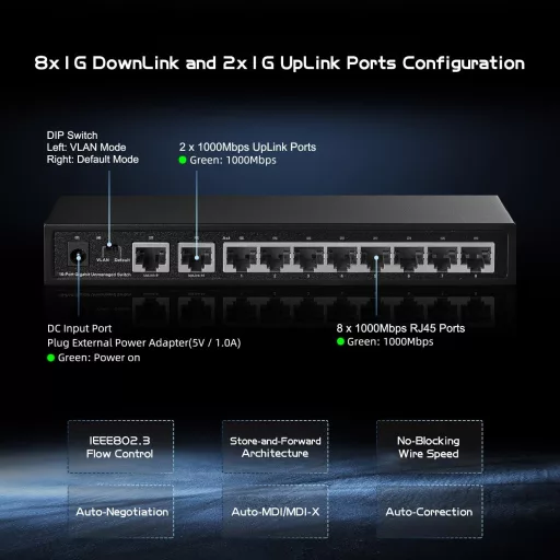 Binardat 10 portos Gigabit Ethernet switch, 8x100/1000Mbps + 2 uplink, fém ház