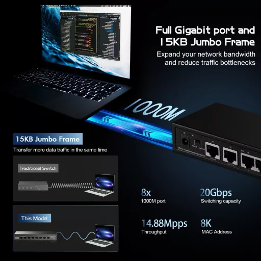 Binardat 10 portos Gigabit Ethernet switch, 8x100/1000Mbps + 2 uplink, fém ház