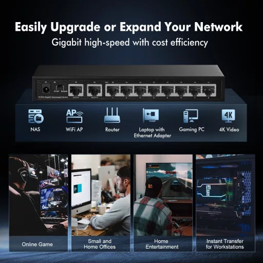 Binardat 10 portos Gigabit Ethernet switch, 8x100/1000Mbps + 2 uplink, fém ház