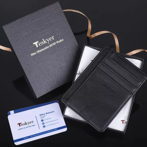 Pánska mini peňaženka Teskyer s RFID ochranou, čierne kožené puzdro na karty