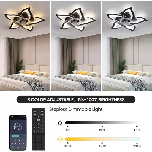 CANEOE Modern LED Mennyezeti Ventilátor Lámpa 80W - Fekete Virág Dizájn, Távirányítós, Applikációval Vezérelhető, Időzíthető, Fényerőszabály