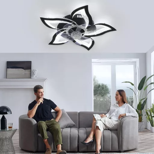 CANEOE Modern LED Mennyezeti Ventilátor Lámpa 80W - Fekete Virág Dizájn, Távirányítós, Applikációval Vezérelhető, Időzíthető, Fényerőszabály