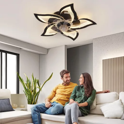 CANEOE Ventilator de Tavan Modern cu LED, 80W - Design Floare Neagră, Telecomandă, Controlabil prin Aplicație, Temporizator, Intensitate Luminoasă Reglabilă