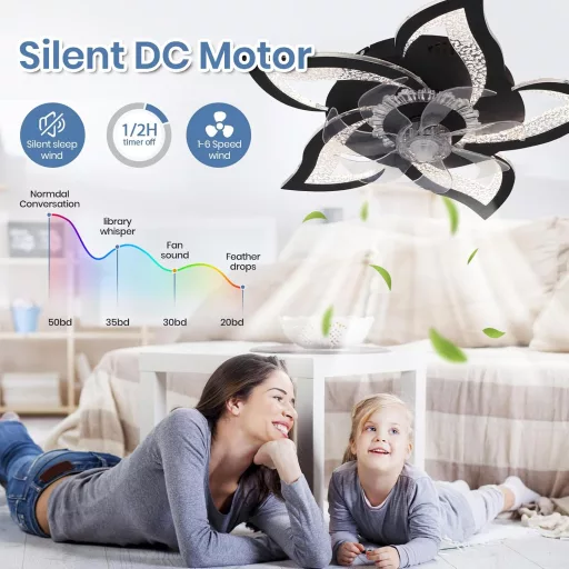 CANEOE Ventilator de Tavan Modern cu LED, 80W - Design Floare Neagră, Telecomandă, Controlabil prin Aplicație, Temporizator, Intensitate Luminoasă Reglabilă