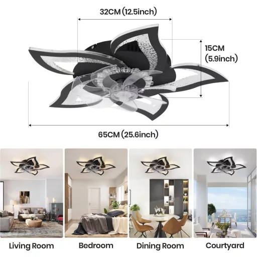 CANEOE Ventilator de Tavan Modern cu LED, 80W - Design Floare Neagră, Telecomandă, Controlabil prin Aplicație, Temporizator, Intensitate Luminoasă Reglabilă