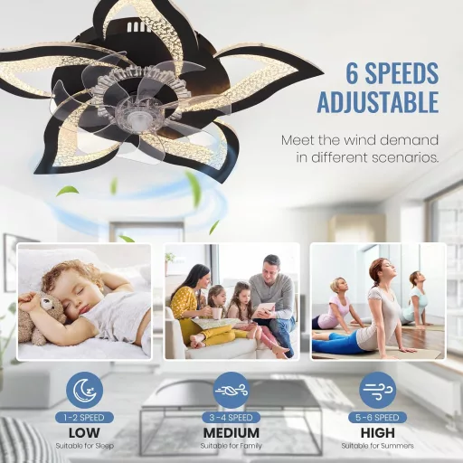 CANEOE Ventilator de Tavan Modern cu LED, 80W - Design Floare Neagră, Telecomandă, Controlabil prin Aplicație, Temporizator, Intensitate Luminoasă Reglabilă