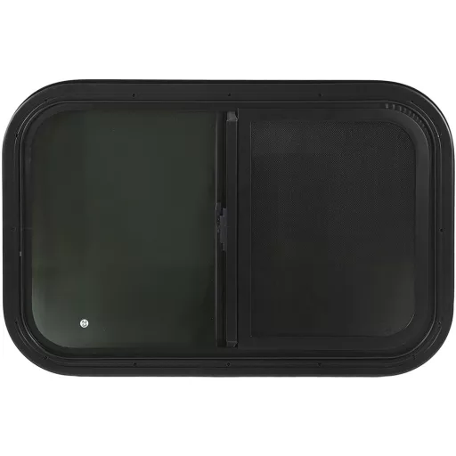 AQXREIGHT 700x300mm Klizni prozor za kamper s kaljenim staklom, crnim aluminijskim okvirom i mrežom za komarce
