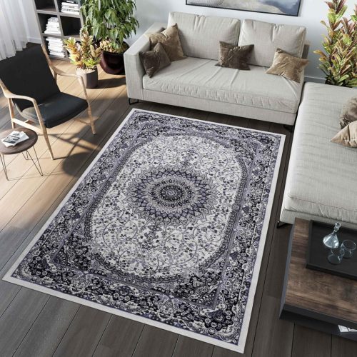 Covor Abstract Vintage NAAR, 120x180 cm - Fir Scurt, Moale, Bleumarin Închis/Crem, pentru Living, Dormitor, Sufragerie, Birou - Certificat Oeko-Tex