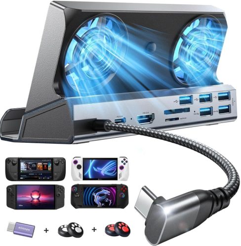 LISEN 13-in-1 Dokkoló Steam Deck/Legion Go/ROG Ally/MSI Claw Konzolokhoz - Kettős Hűtőventilátorral, 4K HDMI, 5 USB Port, Gigabit Ethernet, 