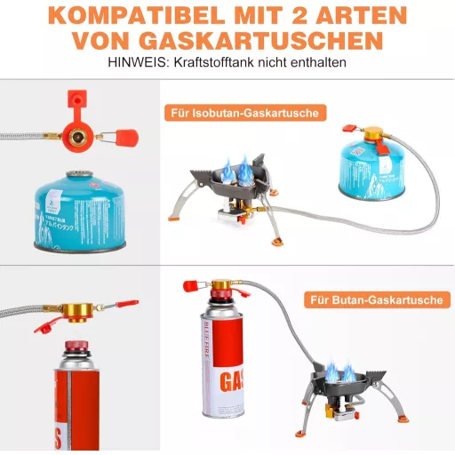 Arzător de camping rezistent la vânt WADEO 7200W cu aprindere piezo și adaptor pentru butan