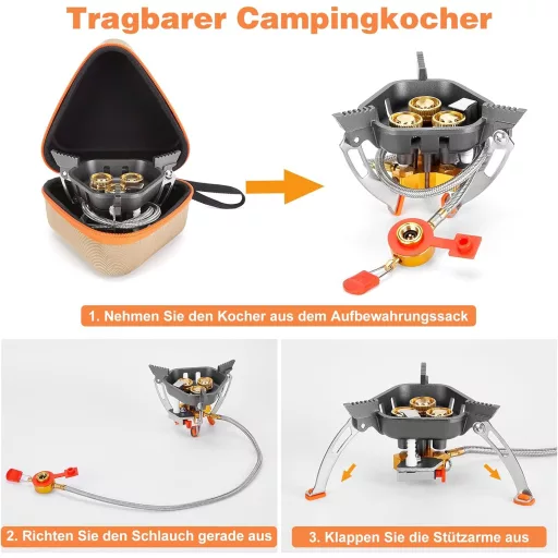 Arzător de camping rezistent la vânt WADEO 7200W cu aprindere piezo și adaptor pentru butan
