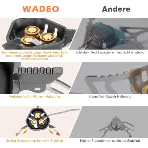 WADEO 7200W szélálló kemping gázfőzőhely piezo gyújtással és bután adapterrel