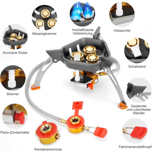 WADEO 7200W szélálló kemping gázfőzőhely piezo gyújtással és bután adapterrel