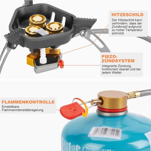 WADEO 7200W szélálló kemping gázfőzőhely piezo gyújtással és bután adapterrel
