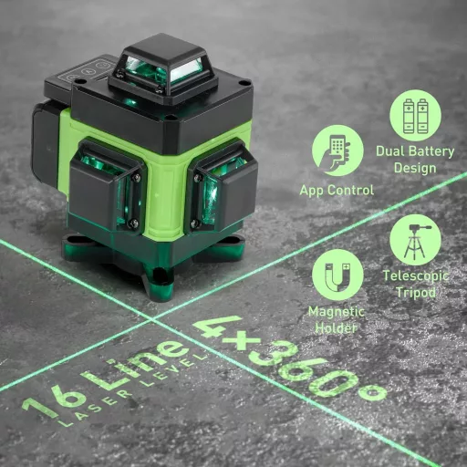 Weytoll 16 Vonalas Keresztlézer Szintező Szett Állvánnyal - 4x360° Zöld Lézer, IP54, 2400mAh Akkumulátor, Bluetooth, Mágneses Alap, Csempézé