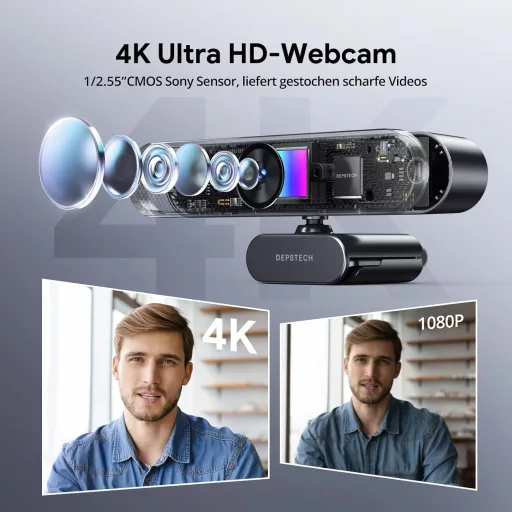 DEPSTECH DW50 Pro 4K Ultra HD Webkamera Mikrofonnal, 3x Zoom, Sony Szenzor, Zajszűrő Kettős Mikrofon, Távirányító, Autofókusz PC, Laptop, Ma