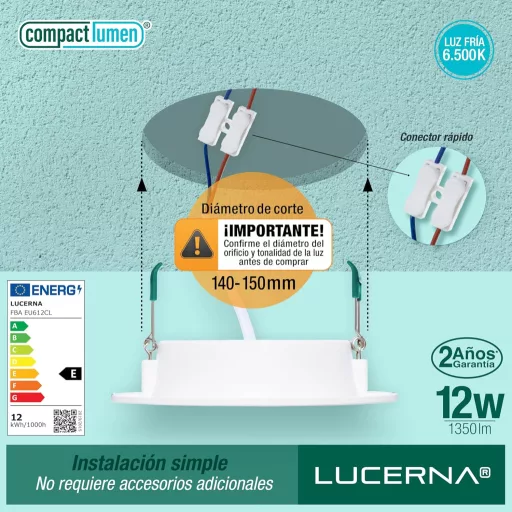 LUCERNA Lampă LED de plafon, încastrată, 12W - Alb Rece 6500K, Spot rotund - 1350 Lumeni - Downlight încorporabil 140-150mm - Set de 6 bucăți