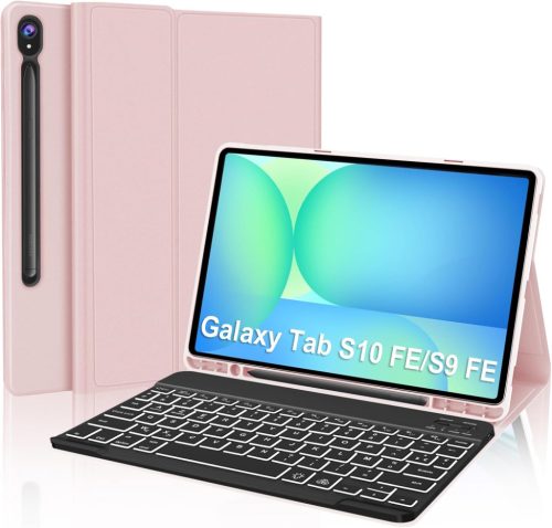 JADEMALL Samsung Galaxy Tab S9 FE 10.9"/S9 11" Rózsaszín Háttérvilágítású AZERTY Bluetooth Billentyűzetes Tok - Leválasztható, Mágneses, TPU