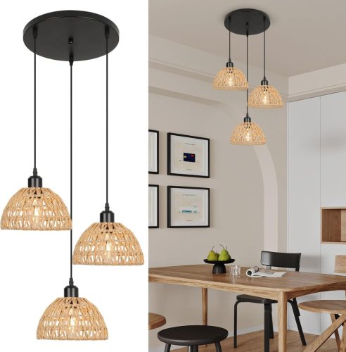 FORCOSO Lampă suspendată din ratan pentru masă de dining, cu 3 becuri - Lampă de tavan împletită vintage boho, decor pentru living, dormitor, bucătărie (Ø21cm x3)