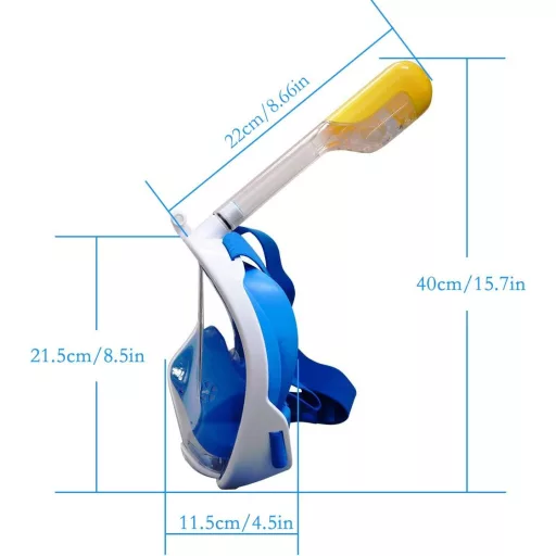 Mască de Scufundări Flyboo - Vedere Panoramică 180°, Față Integrală cu Tub de Respirație, Anti-Ceață pentru Scufundări, Înot, Albastră, Compatibilă cu Cameră Sport, pentru Adulți și Copii