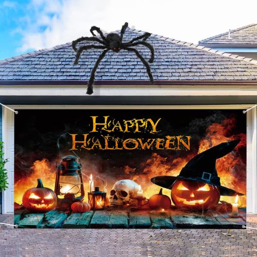 Banner Decorativ de Halloween AEESRRU - Ornament de ușă cu model de dovleac și fantomă, fundal portocaliu-negru, decor de groază pentru interior și exterior (180 x 110