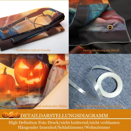 Banner Decorativ de Halloween AEESRRU - Ornament de ușă cu model de dovleac și fantomă, fundal portocaliu-negru, decor de groază pentru interior și exterior (180 x 110