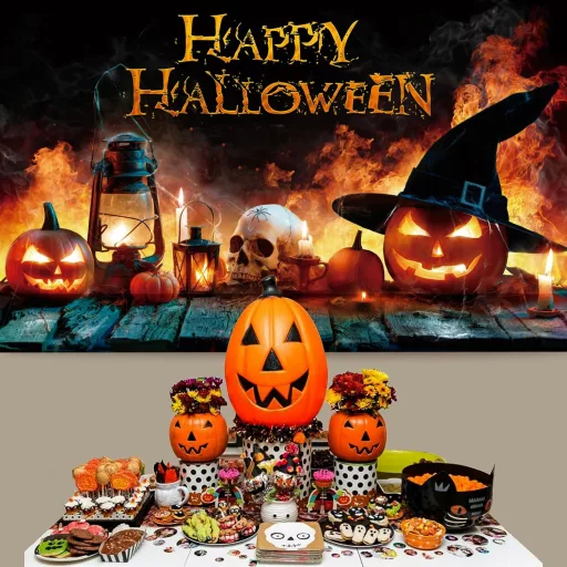 Banner Decorativ de Halloween AEESRRU - Ornament de ușă cu model de dovleac și fantomă, fundal portocaliu-negru, decor de groază pentru interior și exterior (180 x 110