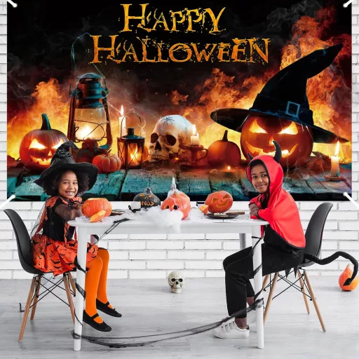 Banner Decorativ de Halloween AEESRRU - Ornament de ușă cu model de dovleac și fantomă, fundal portocaliu-negru, decor de groază pentru interior și exterior (180 x 110