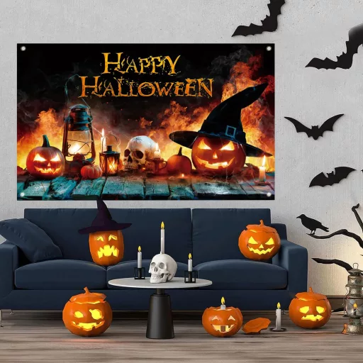 AEESRRU Halloween Dekorációs Molinó - Tök és Szellem Mintás Ajtódísz, Narancssárga-Fekete Háttér, Beltéri-Kültéri Horrordekoráció (180 x 110