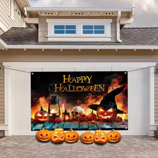 AEESRRU Halloween Dekorációs Molinó - Tök és Szellem Mintás Ajtódísz, Narancssárga-Fekete Háttér, Beltéri-Kültéri Horrordekoráció (180 x 110