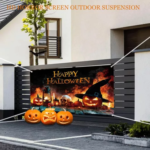 Banner Decorativ de Halloween AEESRRU - Ornament de ușă cu model de dovleac și fantomă, fundal portocaliu-negru, decor de groază pentru interior și exterior (180 x 110