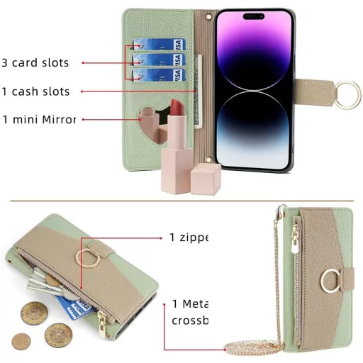CasurvivePro iPhone 14 Plus Mágneses Pénztárca Tok Nyakpánttal Zöld