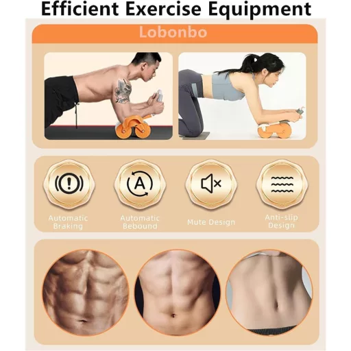 LXWINNER Roată Abdominală cu Revenire Automată, Aparat de Antrenament AB Roller cu Roți Duble și Covoraș pentru Genunchi, Portocaliu, Fitness Acasă